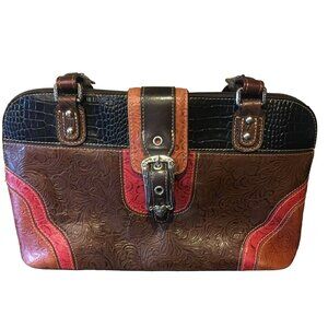 MARC CHANTAL MC Leather Tooled Western Handbag Buckle Accent Black Brown Red